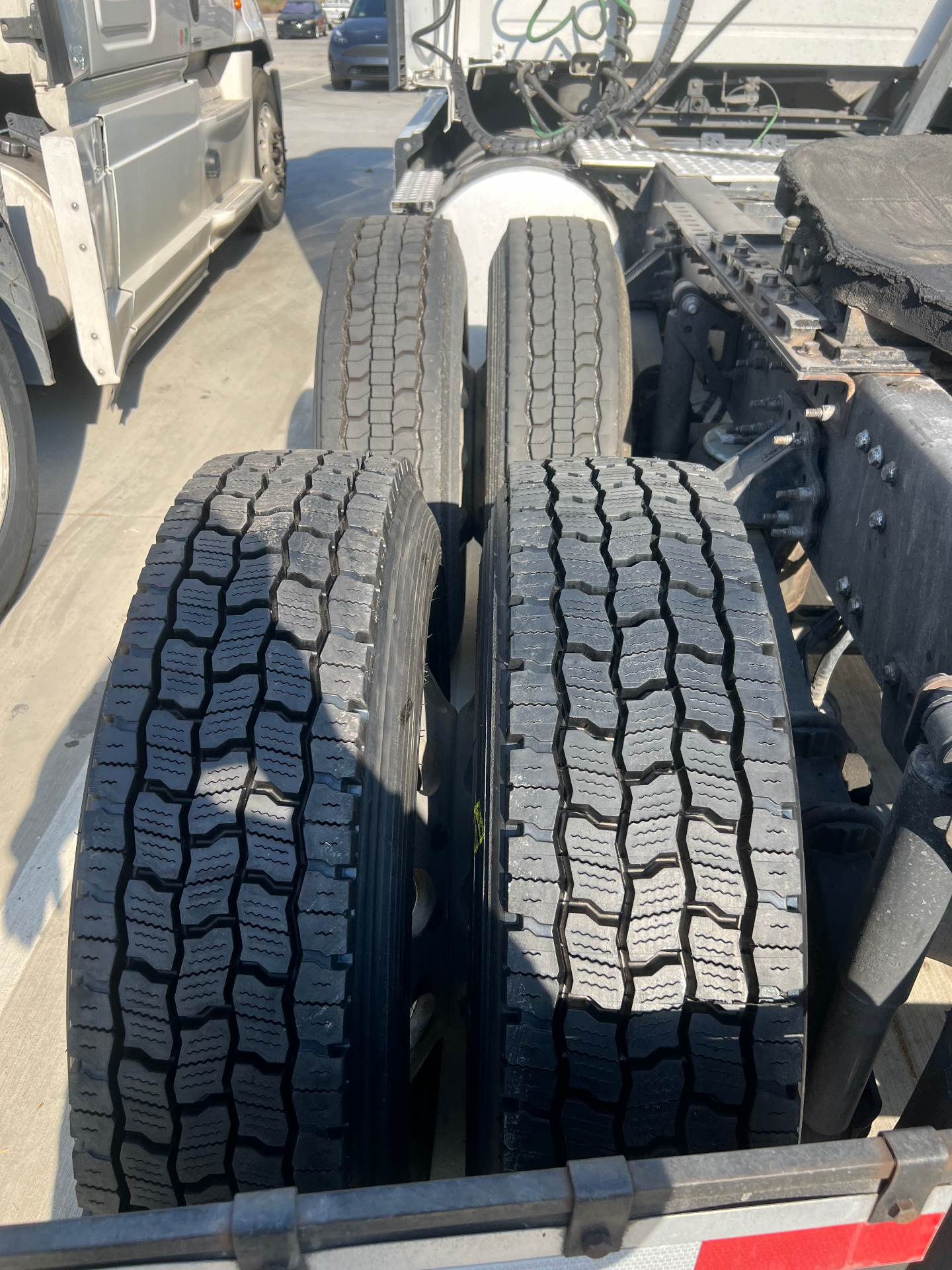 Fresh semi truck dual tires installed and ready
