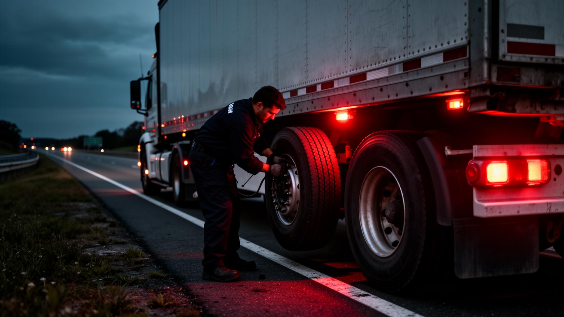 F&K Tires LLC technician changing a semi truck tire on the highway at night