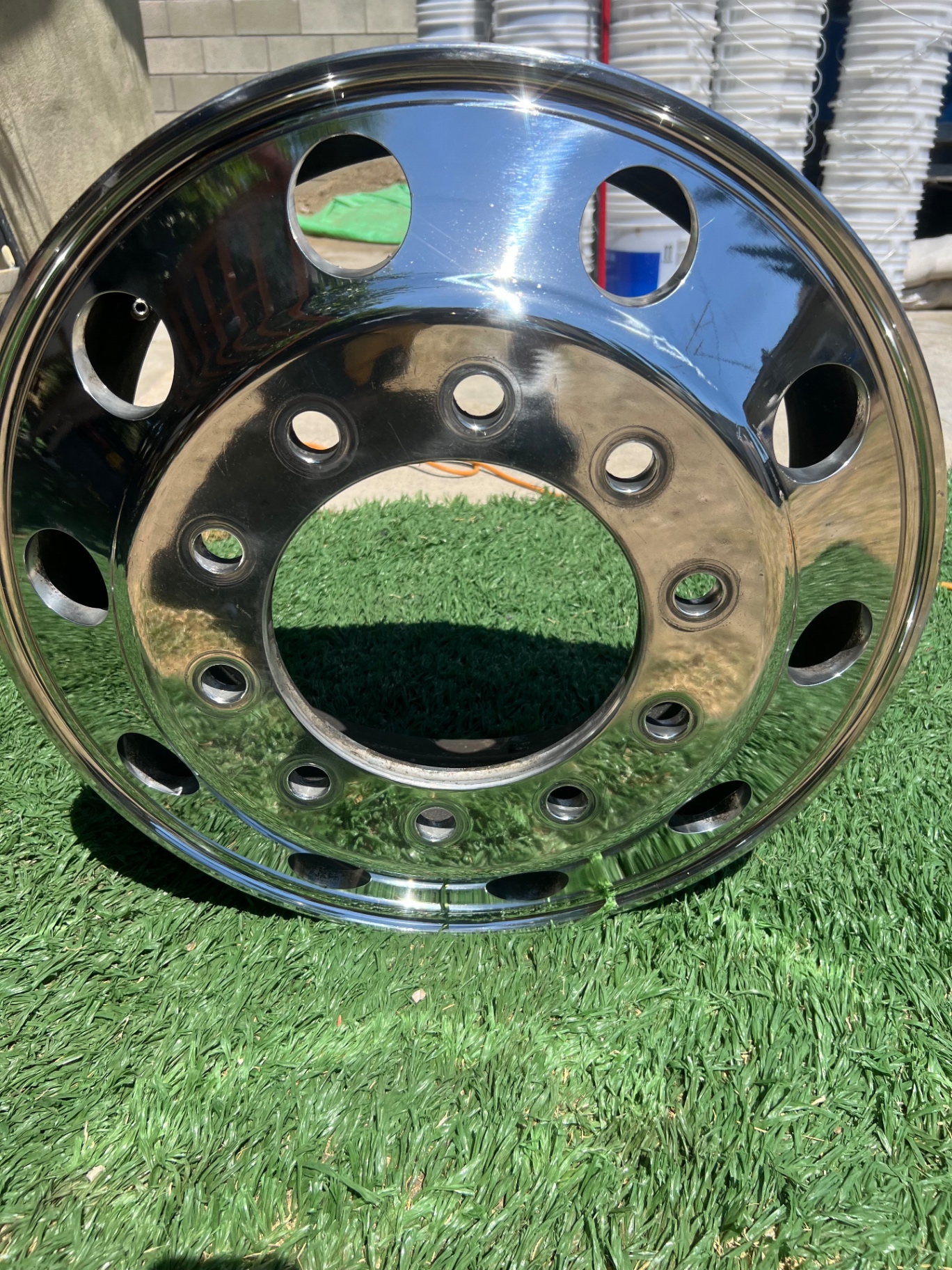 Polished aluminum semi truck wheel ready for install
